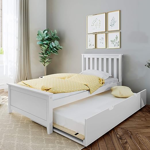 Twin Bed, Wood Bed Frame with Headboard For Kids with Trundle