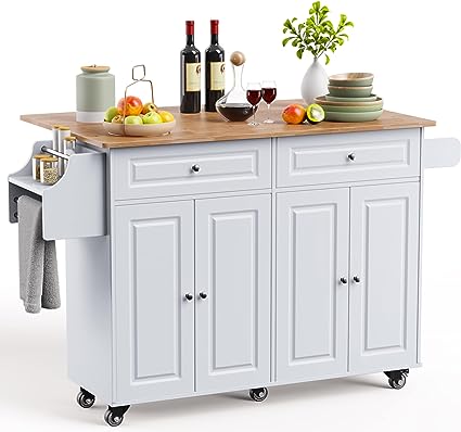 Kitchen Island with Drop Leaf and Storage, on Wheels Two Drawers, Large Storage Cabinet