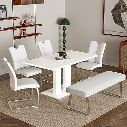 59 in Wooden Dining Table Set, 2 PU Leather Chairs and L Shaped Bench