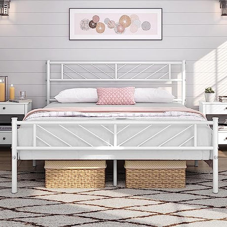 Metal Platform Bed with Arrow Design Headboard and Footboard