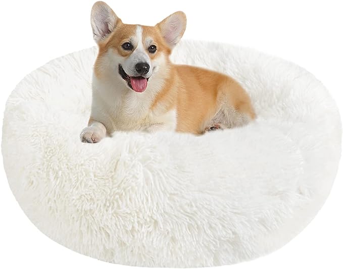 Calming Dog Cat Donut Bed - 23.6" Washable Fluffy Plush Dog Beds
