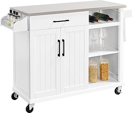 Kitchen Cart with Stainless Steel Top and Storage Cabinet, Kitchen Island