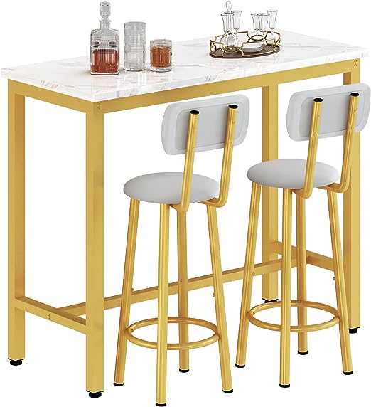 Bar Table Set of 2,39.3" Pub Height Table & 2 PU Upholstered Stools