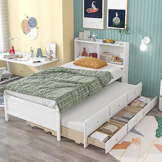 Twin Size Platform Bed with a Nightstand, Wooden Twin Bed Frame with Headboard