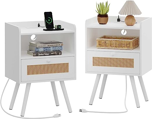 Nightstands Set of 2, Night Stands with Charging Station & PE Rattan Decor Drawer, Bed Side Tables with Solid Wood Feet