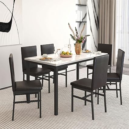 Dining Table Set for 6, Kitchen Table with 6 Chairs, Faux Marble Tabletop