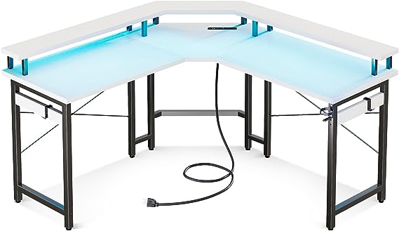 L Shaped Gaming Desk with LED Lights & Power Outlets, 51" Computer Desk