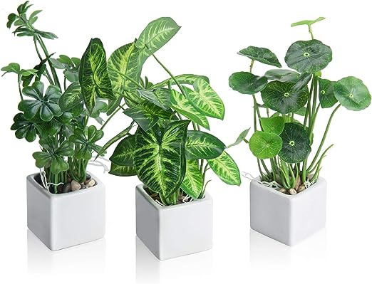 Set of 3 Artificial Plants, Faux Tabletop Greenery w/Clear Glass Pots