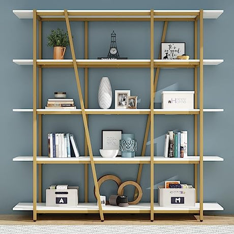 Triple Wide 5-Tier Bookshelf, 70.87" L x 79.13" H Extra Large Gold Bookcase,