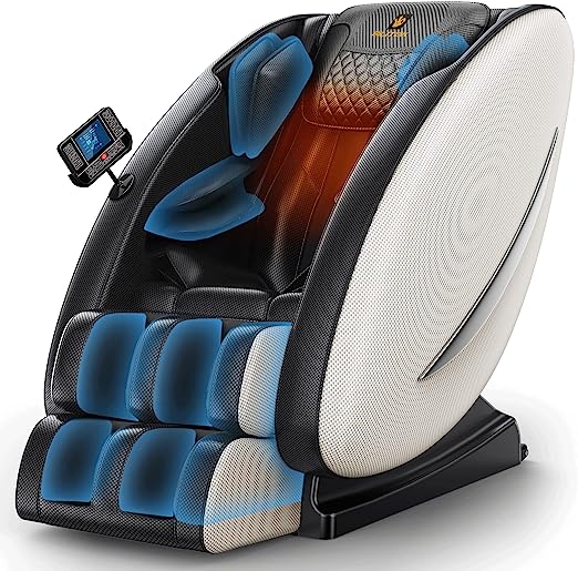 White heated massage recliner with full-body airbags, zero gravity, and deep tissue relaxation for ultimate comfort and stress relief.