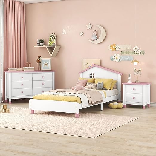 White+Gray 3 Pieces Modern Rustic Wood Furniture Kids House Bed Frame