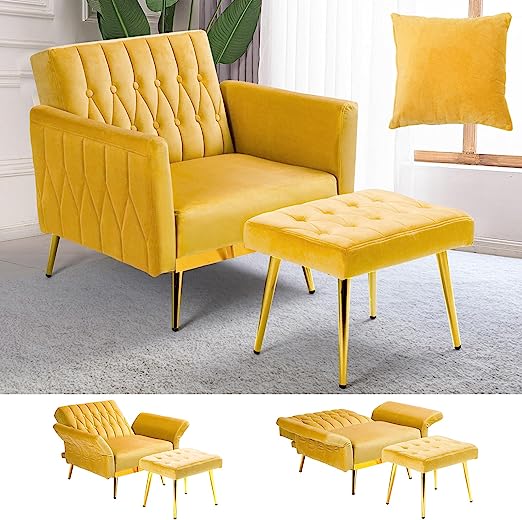 Velvet Accent Chair with Adjustable Armrests and Backrest, Button Tufted Lounge Chair, Single Recliner Armchair with Ottoman and Pillow