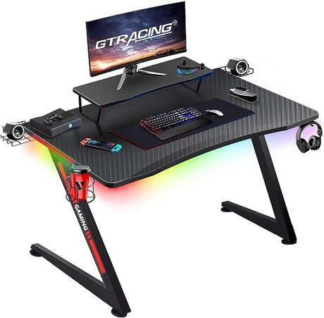 Gaming Desk with Led Strip Lights, 44 Inch Ergonomic Z-Shaped Carbon Fiber