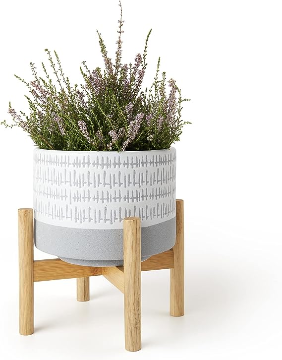 8-Inch Ceramic Planter with Wooden Stand