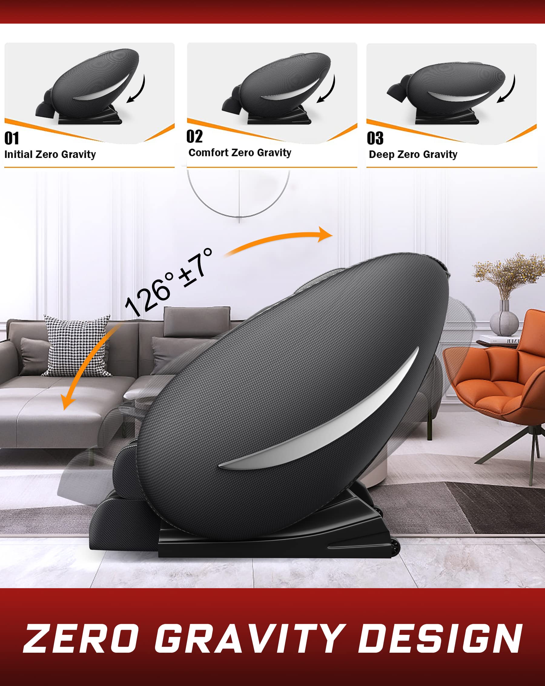 Zero gravity massage rocker recliner with ergonomic design, deep recline angles, and heated therapy for full-body relaxation.
