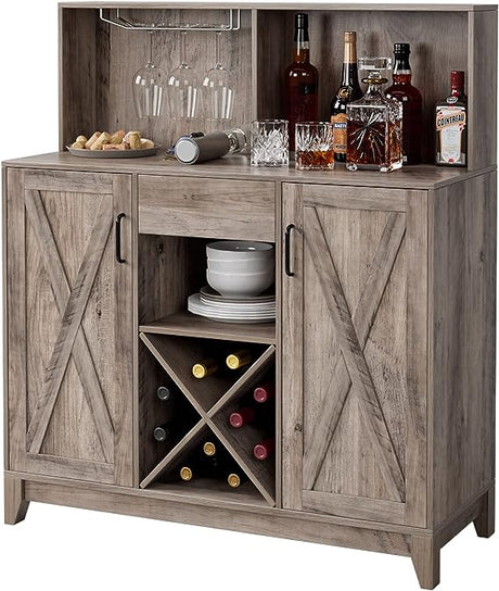 Wine Bar Cabinet for Liquor and Glasses, Barn Doors Wine Cabinet