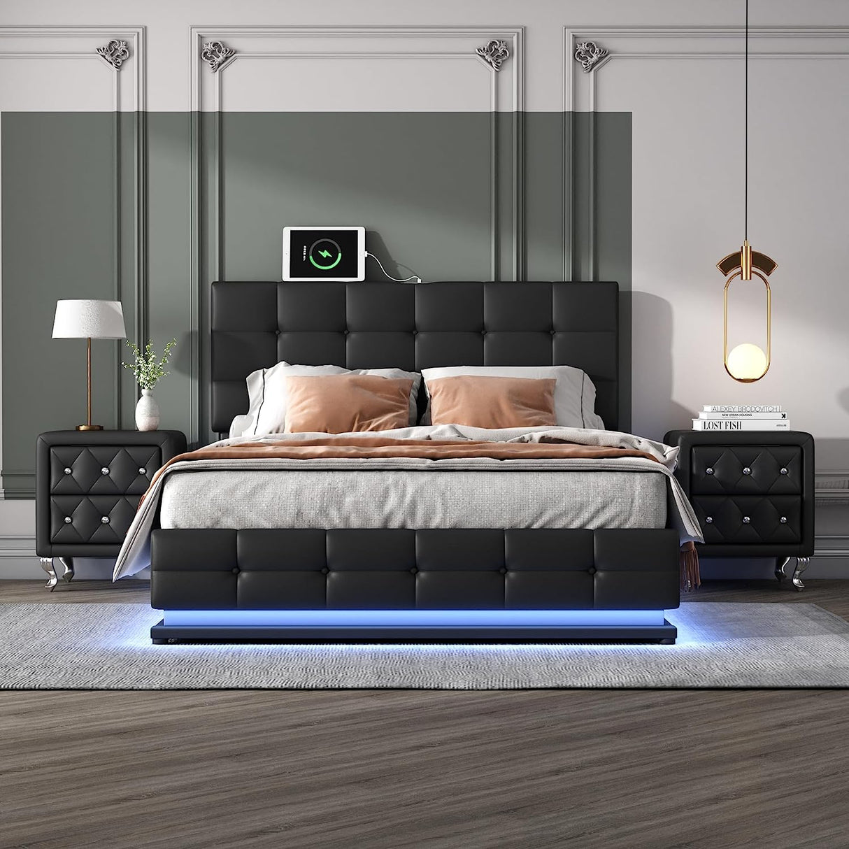 3-Pieces Bedroom Sets, Upholstered Bed with LED Lights, Hydraulic Storage System