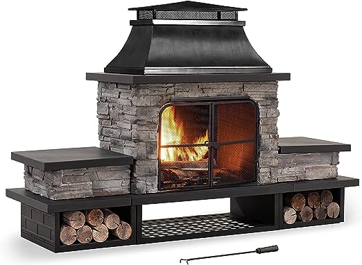 Outdoor Fireplace, Patio Wood Burning Fireplace with Steel Chimney