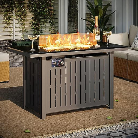 Fire Pit Table - 43 Inch Outdoor Rattan Propane Gas Fire Pit with Glass Wind Guard