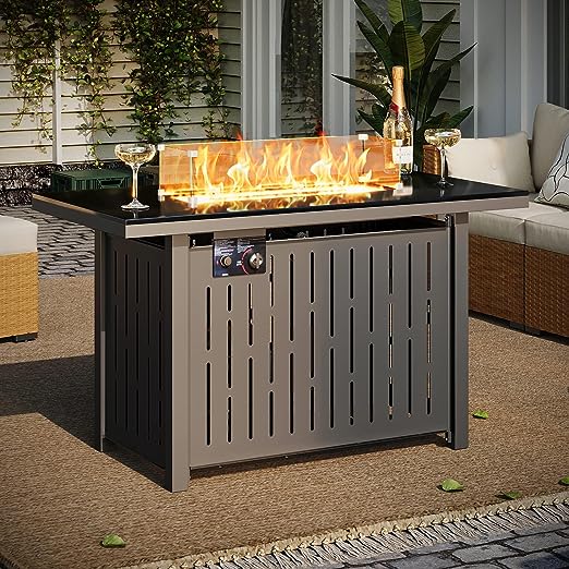 Fire Pit Table - 43 Inch Outdoor Rattan Propane Gas Fire Pit with Glass Wind Guard