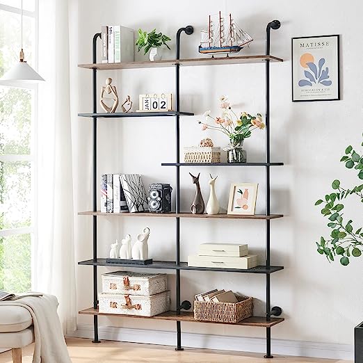 Industrial Bookshelf 5-Tier Open Wall Mount Ladder Bookshelf, Modern Bookcase