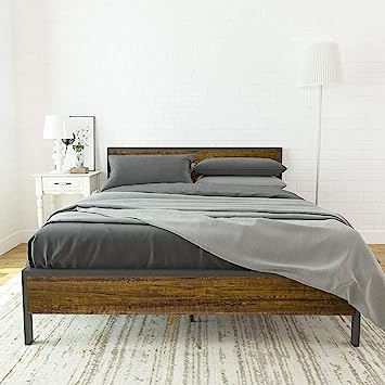 Metal Platform Bed Frame Mattress Foundation with Wood Headboard Duty Steel Slat