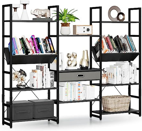 Triple Wide 5 Tier Bookshelf, Adjustable Rustic Industrial Style Book Shelves