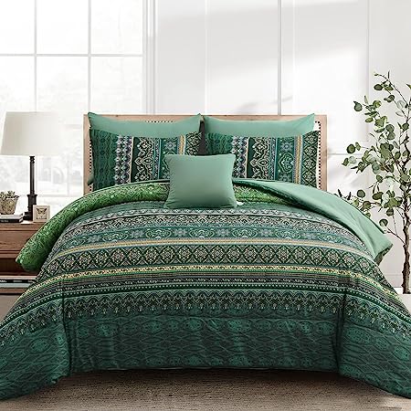 Boho Comforter Set Full Size 8 Piece Bed in a Bag Bohemian Striped Bedding Quilt Set Aqua Paisley