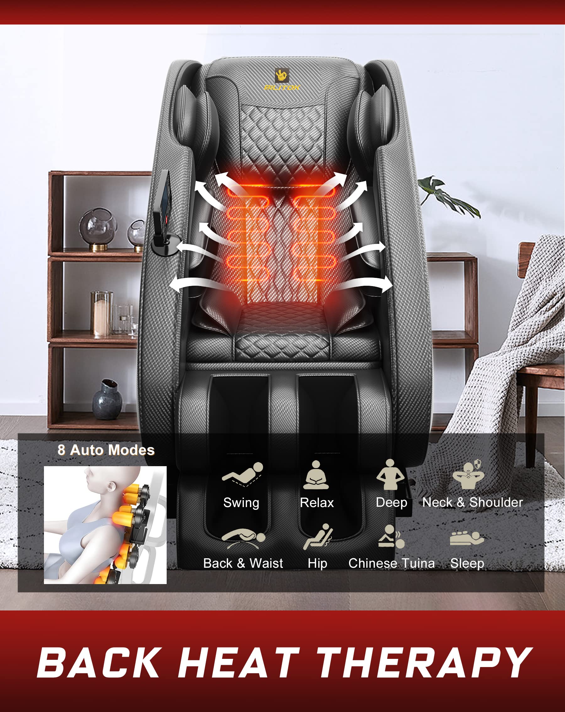 Heated massage chair recliner with back heat therapy, multiple massage modes, and ergonomic design for full-body relaxation.