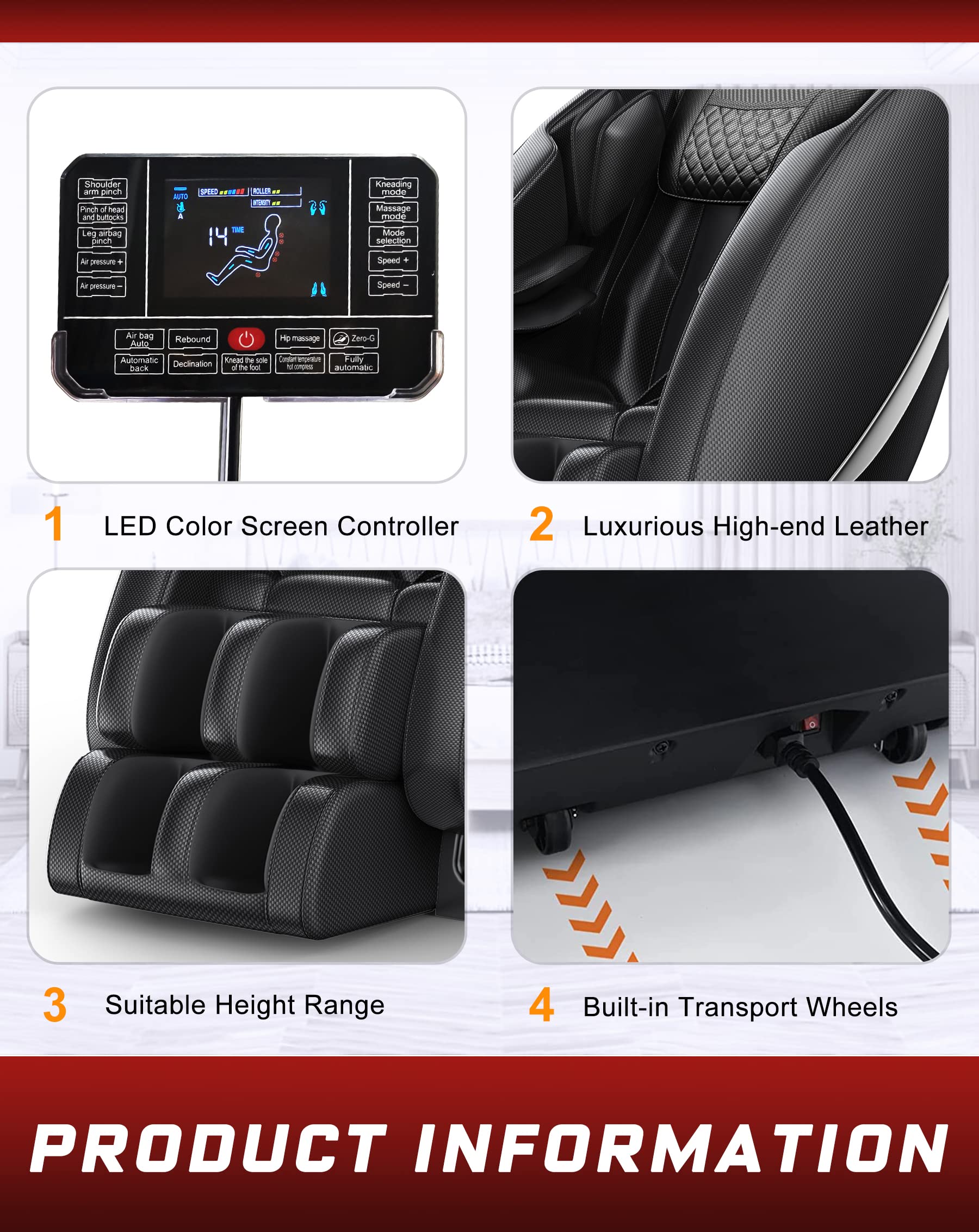 Massage chair product details featuring LED screen controller, high-end leather, adjustable height, and built-in transport wheels for convenience.