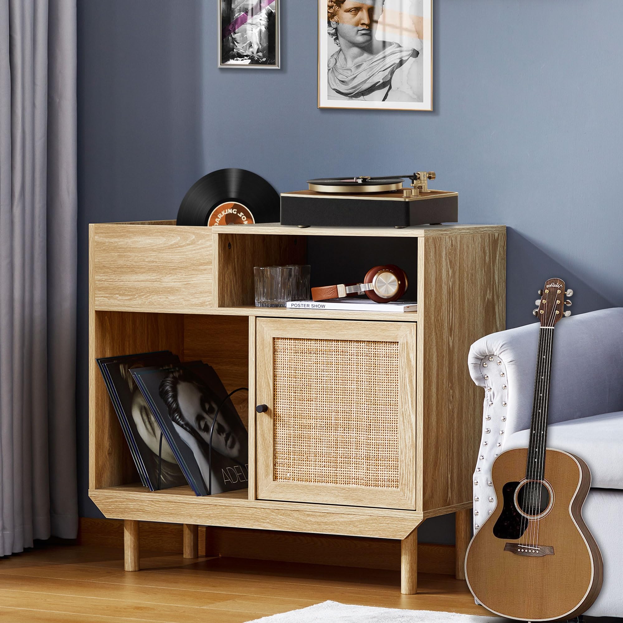 Mid-century rattan record player stand with vinyl storage, solid wood legs, and a turntable setup in a stylish living room.
