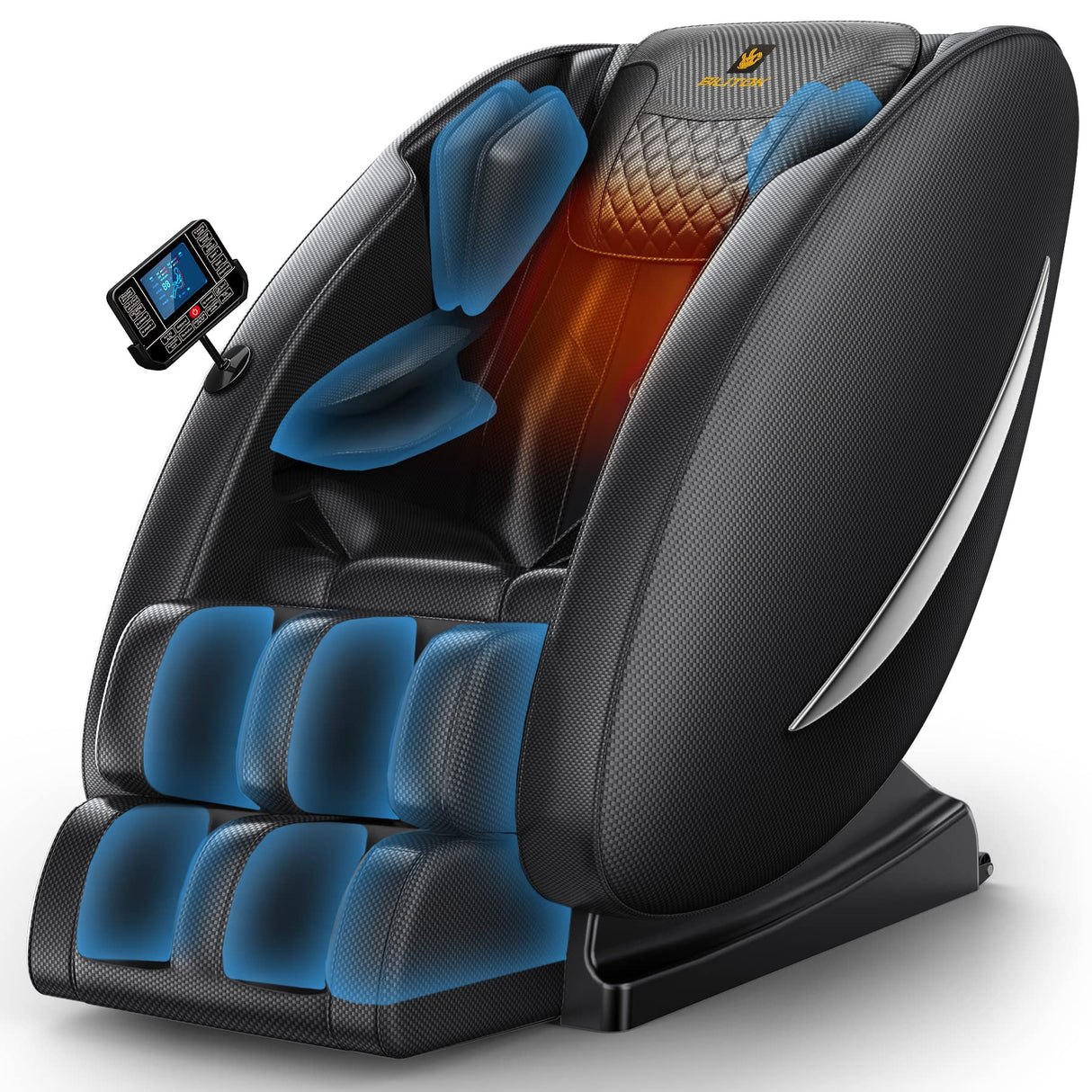 Black massage rocker heating recliner with built-in heat therapy, zero gravity feature, and full-body massage function.