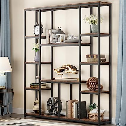 Industrial 12-Open Shelf Etagere Bookcase, Rustic Vintage Book Shelves Display Shelf