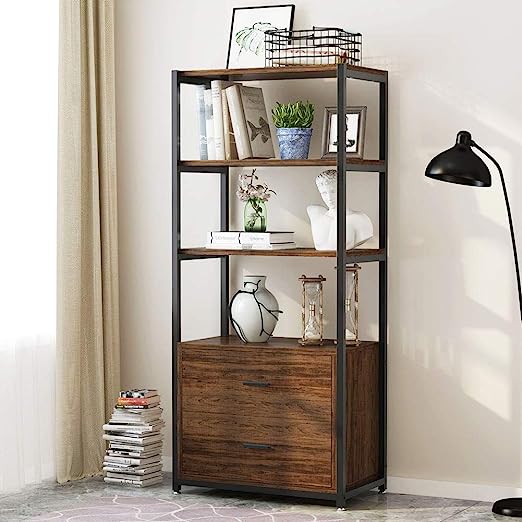 Bookcase, 4-Tier Bookshelf with 2 Drawers, Etagere Standard Book Shelves Display Shelf