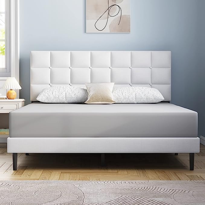 Twin Bed Frame Upholstered Platform with Headboard and Strong Wooden Slats