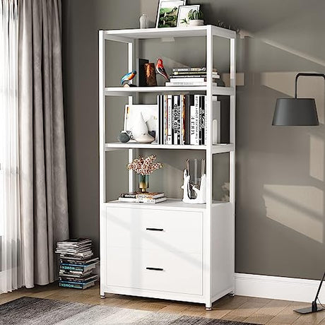 Bookcase, 4-Tier Bookshelf with 2 Drawers, Etagere Standard Book Shelves Display Shelf