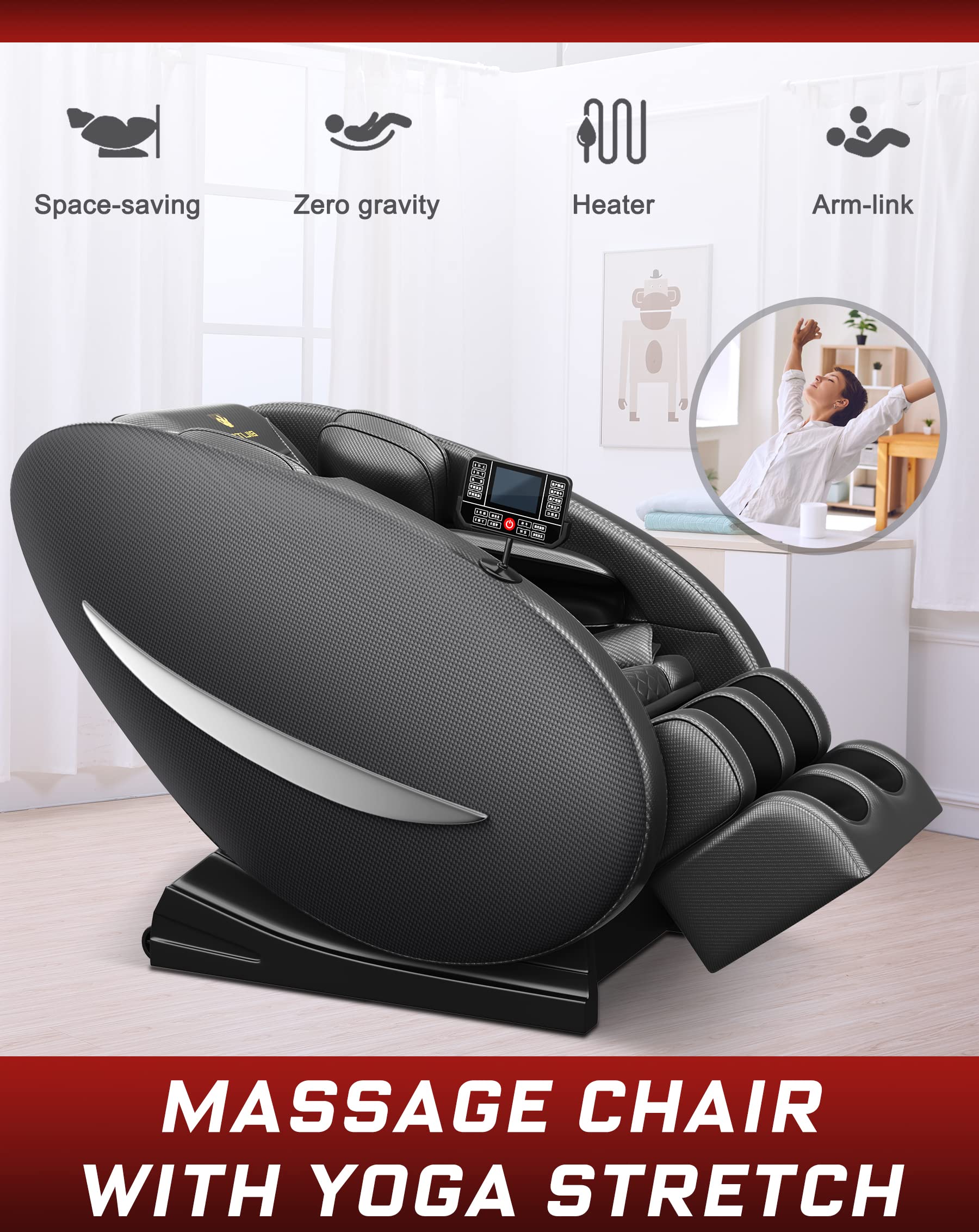 Zero gravity arm link recliner with heated massage, yoga stretch function, and space-saving design for ultimate relaxation.